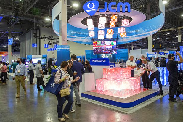 A view of the JCM booth during the Global Gaming Expo (G2E) at the Sands Expo Center Tuesday, Oct. 5, 2021.