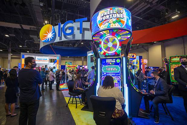 A view of the IGT booth during the Global Gaming Expo (G2E) at the Sands Expo Center Tuesday, Oct. 5, 2021.