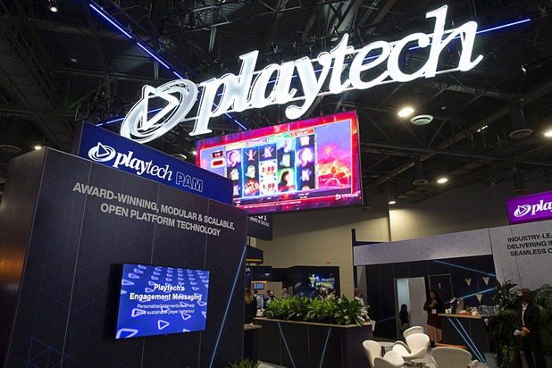 A view of the Playtech booth during the Global Gaming Expo (G2E) at the Sands Expo Center Tuesday, Oct. 5, 2021.