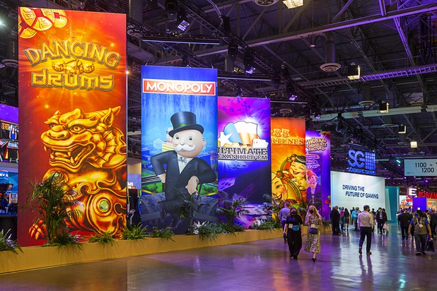A view of the Scientific Games booth during the Global Gaming Expo (G2E) at the Sands Expo Center Tuesday, Oct. 5, 2021.