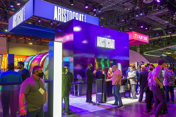 A view of the Aristocrat Gaming booth during the Global Gaming Expo (G2E) at the Sands Expo Center Tuesday, Oct. 5, 2021.