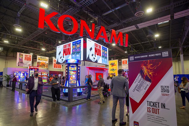 A view of the Konami Gaming booth during the Global Gaming Expo (G2E) at the Sands Expo Center Tuesday, Oct. 5, 2021.
