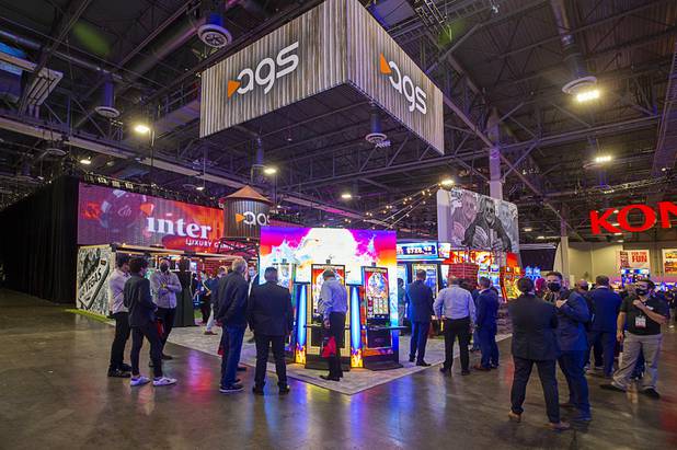 A view of the AGS booth during the Global Gaming Expo (G2E) at the Sands Expo Center Tuesday, Oct. 5, 2021.