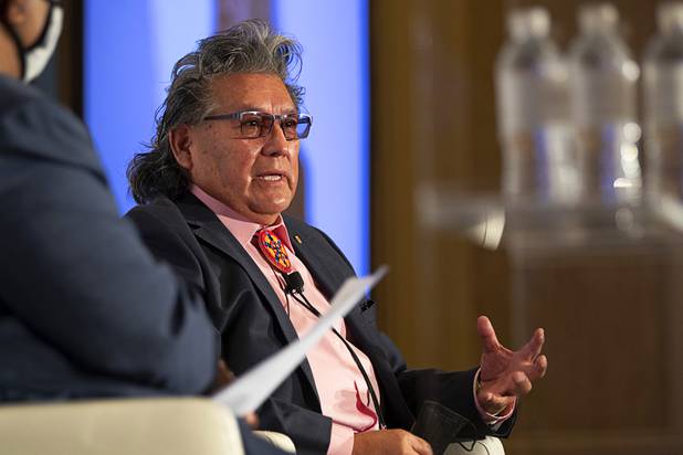Jacob Coin, vice president and executive advisor to Chairman-San Manuel Band of Mission Indians, speaks during the Global Gaming Expo (G2E) at the Venetian Tuesday, Oct. 5, 2021.