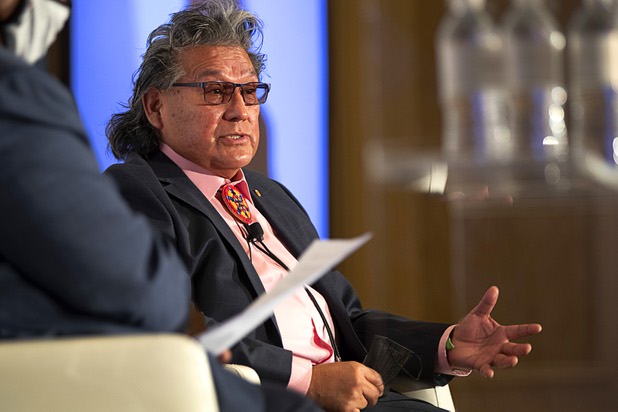 Jacob Coin, vice president and executive advisor to Chairman-San Manuel Band of Mission Indians, speaks during the Global Gaming Expo (G2E) at the Venetian Tuesday, Oct. 5, 2021.