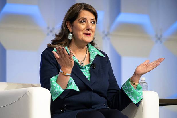 Jyoti Chopra, senior vice president and chief people & sustainability officer for MGM Resorts International, speaks during the Global Gaming Expo (G2E) at the Venetian Tuesday, Oct. 5, 2021.