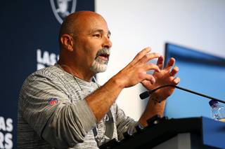 Interim Head Coach of the Las Vegas Raiders Rich Bisaccia speaks with reporters after practice at the Raiders Headquarters/Intermountain Healthcare Performance Center in Henderson Wednesday, Oct. 13, 2021.