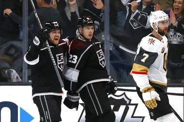 Los Angeles Kings forward Dustin Brown (23) celebrates his goal against the Vegas Golden Knights during the first period of an NHL hockey game Thursday, Oct. 14, 2021, in Los Angeles. 