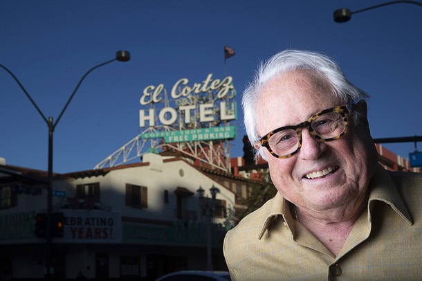 Kenny Epstein, majority owner of the El Cortez, poses in front of the hotel-casino in downtown Las Vegas Friday, Oct. 15, 2021. The casino which opened on Nov. 7, 1941 is celebrating its 80th anniversary  this November.