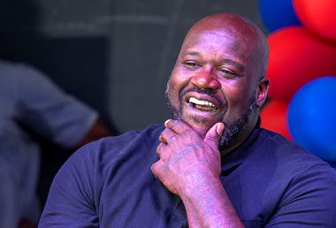 Shaquille O’Neal smiles during the official dedication of the Shaq Courts at Doolittle, two renovated basketball courts at the Doolittle Complex in West Las Vegas, on October 23, 2021.