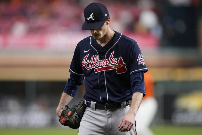 Atlanta Braves starting pitcher Max Fried leaves the game during the sixth inning in Game 2 of baseball's World Series between the Houston Astros and the Atlanta Braves Wednesday, Oct. 27, 2021, in Houston. 