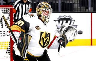 Vegas Golden Knights goaltender Robin Lehner (90) makes a save during the second period of an NHL hockey game against the Anaheim Ducks at T-Mobile Arena Friday, Oct. 29, 2021.