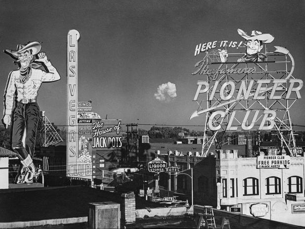 This is a copy photo of an atomic bomb test taken from the roof of a Fremont Street building in Las Vegas June 24, 1957. This explosion was the Priscilla Test that was part of Operation Plumbbob. (Don English/Las Vegas News Bureau)

This image was taken during an atomic/ nuclear test that could be seen from the roof-tops of businesses located on Fremont Street in Downtown Las Vegas. Las Vegas News Bureau. The detonation was part of Operation Plumbbob at the Nevada Test Site (NTS). The test was called Priscilla. The weapons related test was launched via balloon over Area 5 of the Nevada Test Site (NTS). The weapons yield was 37 kilotons. It was the 91st atomic/ nuclear explosion in history.