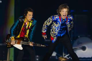 From left, Ronnie Wood and Mick Jagger perform during The Rolling Stones No Filter tour at Allegiant Stadium Saturday, Nov. 6, 2021.