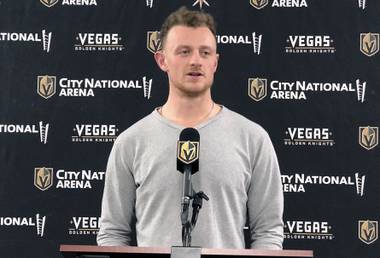 Golden Knights forward Jack Eichel addresses the media on Monday, Nov. 8, 2021, at City National Arena in Las Vegas.