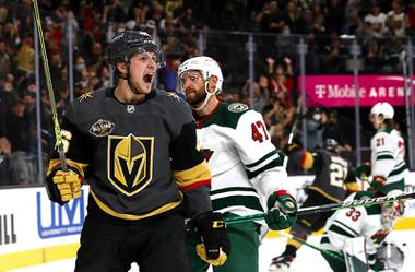 Vegas Golden Knights right wing Jonas Rondbjerg (46) celebrates after scoring past Minnesota Wild goaltender Cam Talbot (33) during the first period of an NHL hockey game at T-Mobile Arena Thursday, Nov. 11, 2021. 