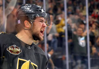 Vegas Golden Knights center Paul Cotter (43) celebrates his first NHL goal during the first period of an NHL hockey game against the Minnesota Wild at T-Mobile Arena Thursday, Nov. 11, 2021.