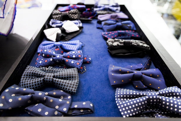 Bow ties are seen on display at Maceoo inside Aria Hotel & Casino, Thursday, Nov. 11, 2021. Through a partnership with Blueprint sports, former UNLV kicker Michael Chudd is sponsoring a program (now possible under the new NCAA NIL rules) that will give each graduating member of the UNLV football team a custom-made suit from Maceeo in exchange for social media sharing.