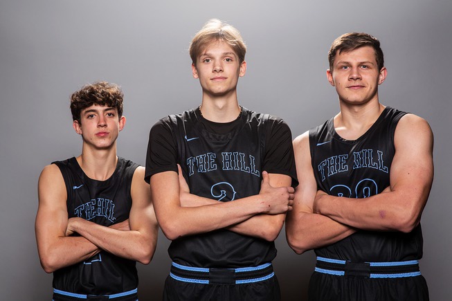 Players of the Foothill High basketball team, from left Zak Abdalla, John Derrick and Cole Stearman, take a portrait during the Las Vegas Sun's High School Basketball Media Day at the Red Rock Resort and Casino, Nov. 1, 2021.