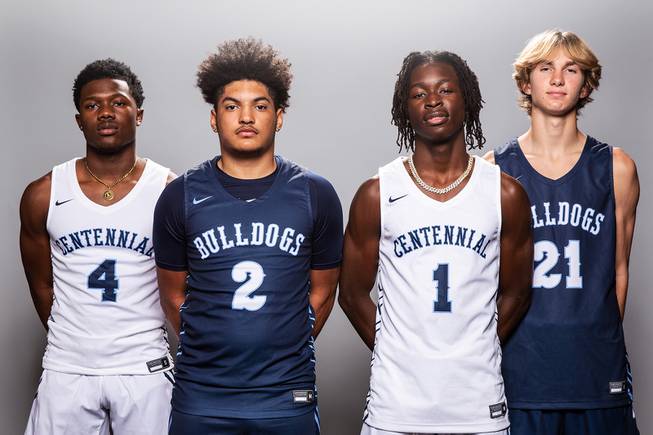 Players of the Centennial High basketball team, from left Jayven Jones, Eli Hart, Emeka Caesar and Toby Roberts, take a portrait during the Las Vegas Sun's High School Basketball Media Day at the Red Rock Resort and Casino, Nov. 1, 2021.