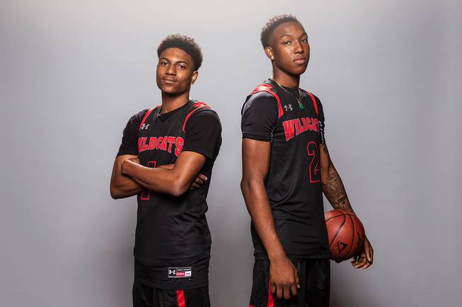 Players of the Las Vegas High basketball team, from left TJ Brown and Tavi Jackson, take a portrait during the Las Vegas Sun's High School Basketball Media Day at the Red Rock Resort and Casino, Nov. 1, 2021.