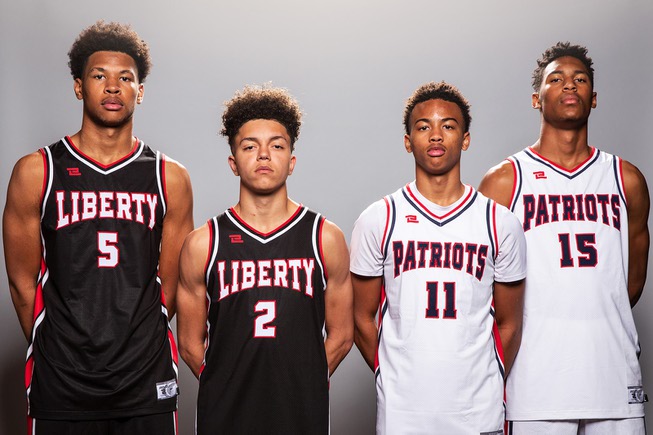 Players of the Liberty High basketball team, from left Joshua Jefferson, Angelo Kambala, DJ Thomas and Aaron Price, take a portrait during the Las Vegas Sun's High School Basketball Media Day at the Red Rock Resort and Casino, Nov. 1, 2021.