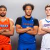Players of the Gorman High basketball team, from left James Freeman, Darrion Williams and Ryan Abelman, take a portrait during the Las Vegas Sun's High School Basketball Media Day at the Red Rock Resort and Casino, Nov. 1, 2021.