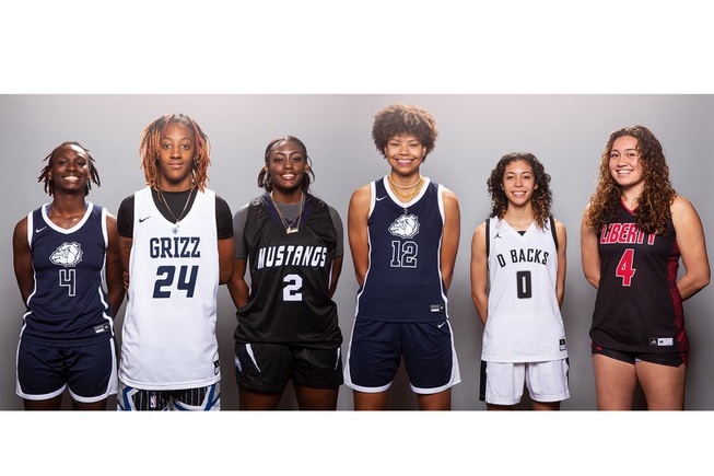 Players of the Las Vegas Sun's Super Seven girls preseason all-city basketball team, from left Mary McMorris, Aaliyah Gayles, Jamia Carter, Montaya Dew, Olivia Bigger and Ali'a Matavao, take a portrait during the Las Vegas Sun's High School Basketball Media Day at the Red Rock Resort and Casino, Nov. 1, 2021.