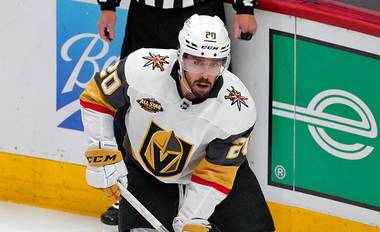 Golden Knights center Chandler Stephenson is shown during a game Oct. 26, 2021, in Denver. Stephenson has been a productive fixture on the top lines even without Mark Stone and Max Pacioretty. 