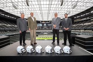 Members of the the 2024 Super Bowl Host Committee, from left, Clark County Commissioner Jim Gibson, Henderson City Councilman John Marz, Nevada Governor Steve Sisolak, and Clark Commission Michael Naft pose during a news conference at Allegiant Stadium Wednesday, Dec. 15, 2021. NFL team owners voted unanimously to award Super Bowl LVIII to Las Vegas during a meeting Wednesday morning in Dallas.