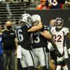 Las Vegas Raiders wide receiver Hunter Renfrow (13) celebrates with Dillon Stoner (16) after Renfrow scores a touchdown against the Denver Broncos in the second quarter of their game at Allegiant Stadium Sunday, Dec. 26, 2021.