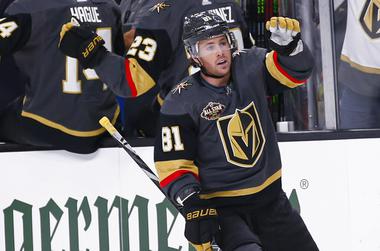 Golden Knights center Jonathan Marchessault celebrates his goal against the Seattle Kraken during the first period Tuesday, Oct. 12, 2021, in Las Vegas. 