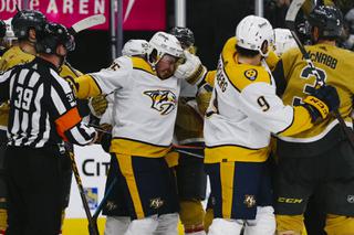 Nashville Predators center Matt Duchene (95) gets hit during a fight with the Vegas Golden Knights during the third period of an NHL Hockey game at T-Mobile Arena Tuesday, Jan. 4, 2022.