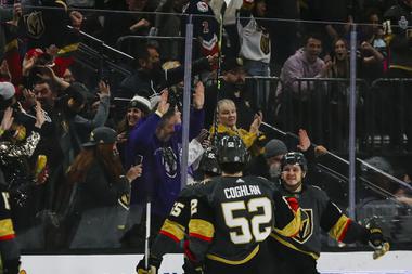 Vegas Golden Knights center Mattias Janmark (26) celebrates with his team after scoring against the New York Rangers during the second period of an NHL Hockey game at T-Mobile Arena Thursday, Jan. 6, 2022.