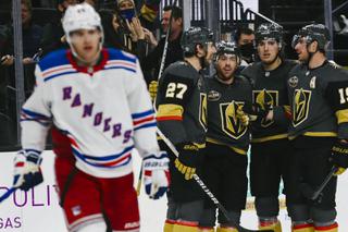 The Vegas Golden Knights celebrate after scoring against the New York Rangers during the third period of an NHL Hockey game at T-Mobile Arena Thursday, Jan. 6, 2022.
