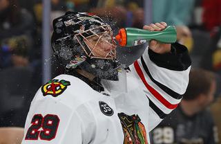 Chicago Blackhawks goaltender Marc-Andre Fleury (29) sprays water into his face mask during an NHL hockey game against the Vegas Golden Knights at T-Mobile Arena Saturday, Jan. 8, 2022.