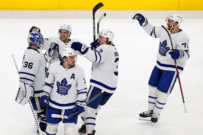 The Toronto Maple Leafs celebrate after beating the Vegas Golden ...
