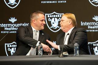 The Las Vegas Raiders new coach Josh McDaniels and owner Mark Davis speak to the press at Raiders Headquarters Monday Jan. 31, 2022.