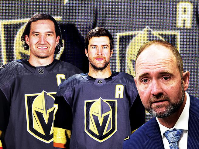 Left to right: Golden Knights Mark Stone, Alex Pietrangelo and Pete DeBoer