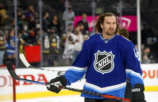 Vegas Golden Knights forward Mark Stone (61) warms up for the 2022 NHL All-Star Game at T-Mobile Arena Saturday, Feb. 5, 2022.