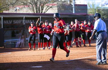 UNLV softball player Mia Trejo scores after a home run by her sister, Alyssa Trejo, during a game against CSU Bakersfield at UNLV Saturday, Feb. 12, 2022.