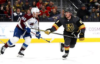 Vegas Golden Knights center Jack Eichel (9) skates during the third period of an NHL hockey game against the Colorado Avalanche at T-Mobile Arena Wednesday, Feb.16, 2022. Colorado Avalanche left wing Gabriel Landeskog (92) is at left.