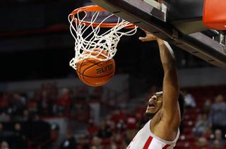 UNLV Rebels guard Bryce Hamilton (13) dunks during an NCAA basketball game against the Colorado State Rams at the Thomas & Mack Center Saturday, Feb.19, 2022.