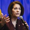 Nevada U.S. Sen. Catherine Cortez Masto speaks to local business leaders during the Vegas Chamber Eggs & Issues event at the Sahara Tuesday, Feb. 22, 2022.
