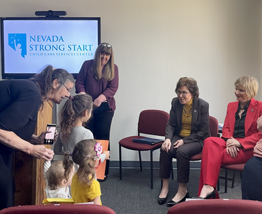 U.S. Sen. Jacky Rosen (center) and Democratic U.S. Rep. Susie Lee (right) attend the grand opening of the Nevada Strong Start Child Care Services Center in Las Vegas.