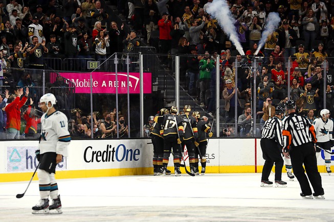 The Vegas Golden Knights celebrate a goal by Vegas right ...