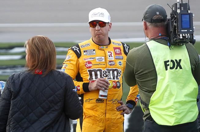 NASCAR Cup Series driver Kyle Busch (18) is shown following the 25th annual Pennzoil 400 NASCAR Cup Series race at the Las Vegas Motor Speedway Sunday, March 6, 2022. Busch was leading the race until the final caution.