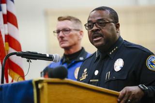 Henderson Chief of Police Thedrick Andres speaks during a press conference as Sgt. Roger Matuszak stands by at Henderson City Hall Wednesday, March 9, 2022. Andres is planning to retire from his position at the end of February, Henderson police said in a statement.