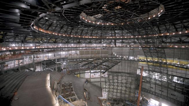 Crews working on MSG Sphere have installed the central section of the steel that will support the immersive entertainment venue’s interior display.