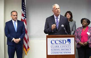 Clark County District Attorney Steve Wolfson speaks during a news conference on school safety at Clark County School District administrative offices Tuesday, March 29, 2022. Clark County School District Superintendent Jesus Jara listens at left.